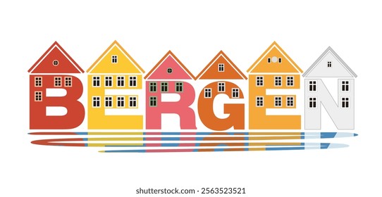 Colorful Old Building in Bergen, Norway, created in letters, eps