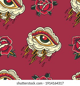 Colorful Old School Crying Eye cloud Tattoo with flower ornament seamless pattern