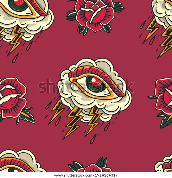 Colorful Old School Crying Eye cloud Tattoo with\
flower ornament seamless\
pattern