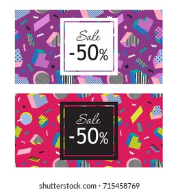 Colorful old school geometric violet and red pattern, memphis design style. Modern  template banner for media, print or web. Discount sale banner. Vector illustration