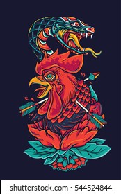 Colorful Old School Rooster Head and Snake Tattoo Illustration