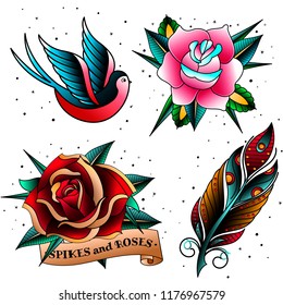 Colorful old school vintage doodle tattoo templates sketches set.Oldschool tattooings swallow,feather,rose and spikes isolated emblems symbols on white background