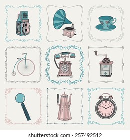 Colorful Old Style Hand-Drawn Doodle Icons and Vintage Frames. Vector Illustration. Fully Editable. Objects