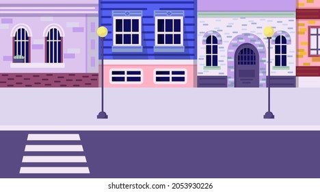 Colorful old town street with buildings, houses, street lights, road, pavement. Home facades with asphalt road in front. Vector illustration. Cartoon style. Horizontal background.