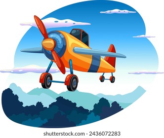 Colorful old-fashioned airplane flying in a cloudy sky