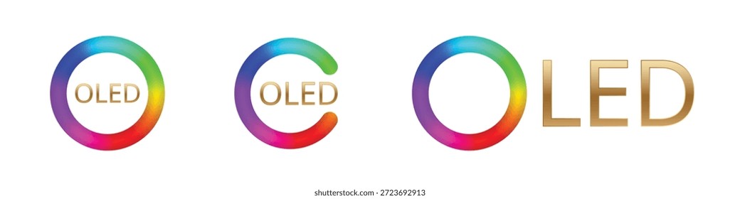 Logótipos coloridos em oled e led com círculos de gradiente vívido e tipografia moderna.