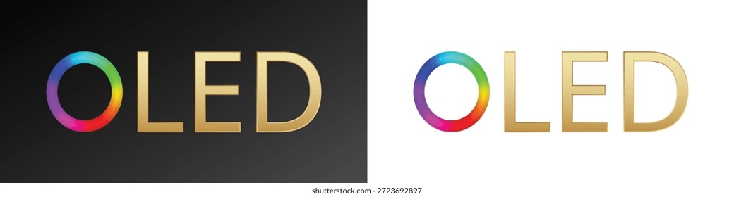Design colorido logotipo oled em fundos pretos e brancos.