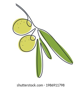 Colorful olive branch in a minimal style. Continuous single line drawing. One line olive. Abstract linear sketch on white isolated background.