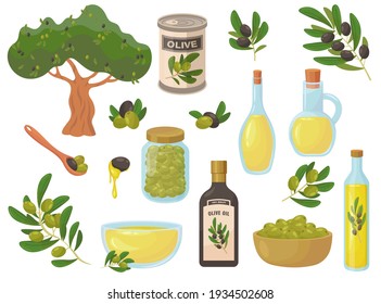 Colorful olive symbols flat collection for web design. Cartoon olive tree, oil and branches with olives isolated vector illustrations. Plants and nutrition concept