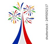 Colorful Olympic Games rainbow lines in form Eiffel Tower directed upwards with firework isolated