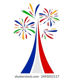 Colorful Olympic Games rainbow lines in form Eiffel Tower directed upwards with firework isolated