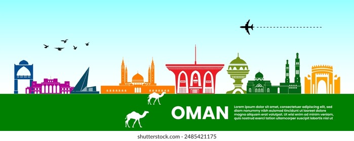 Colorful Oman Landmark Illustration with Camels and Iconic Buildings