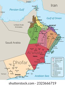 A colorful Oman map vector with 11 governorates, provinces, major cities, towns, and capitals also adds international borders, gulfs, and oceans.