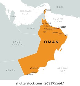 Colorful Oman Political Map in Orange Color, with Flag and Cities