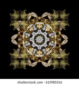 Colorful on black background. Winter vector frame with arabesques and doodles and golden elements, doodles and black snowflakes. Fine greeting card.