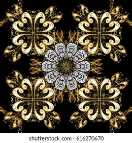 Colorful on black background. Winter vector frame with arabesques and doodles and golden elements, doodles and black snowflakes. Fine greeting card.