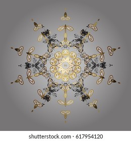Colorful on gray background. Winter vector frame with arabesques and doodles and golden elements, doodles and snowflakes. Fine greeting card.