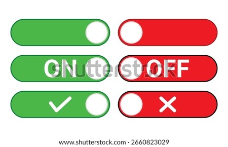 Colorful On Off Toggle Switch Icon Set. Green and Red UI Buttons for Web and App Interface Design vector template