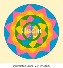 Colorful Onam festival greeting with traditional Pookalam floral rangoli design. Bright layered petals in vibrant colors on beige background, symbolizing joy, culture, and celebration.