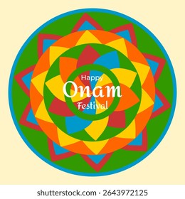 Colorful Onam festival greeting with traditional Pookalam floral rangoli design. Bright layered petals in vibrant colors on beige background, symbolizing joy, culture, and celebration.