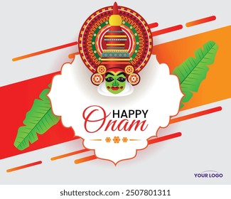 Colorful Onam Festival Poster Featuring Traditional Kathakali Face with Festive Elements