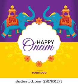 Tarjeta de felicitación colorida de Onam con los elefantes decorativos y los acentos florales para la celebración del festival de Kerala