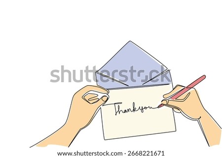 Colorful one line drawing of human hands writing a thank you card into an envelope paper, representing gratitude, kindness, and appreciation in a lifestyle concept for Thank You Day celebration.