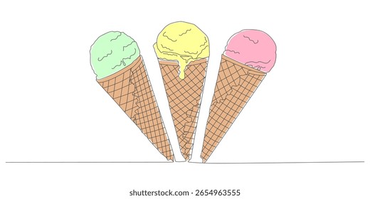 Colorful One Line Drawing of Three Ice Cream Cones in Minimalist Style