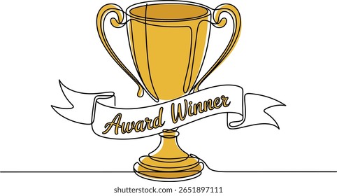 Colorful One Line Drawing of a Trophy Cup with Ribbon Text “Award Winner” – Minimalist Celebration and Achievement Concept