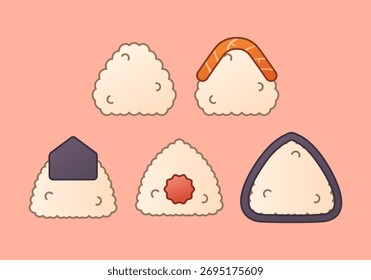 Pacote de ilustração onigiri colorido vetor - Conjunto de comida de bola de arroz japonês para menu, marca e projetos de design bonito