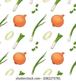 Colorful Onions and Leeks. Seamless vector pattern.