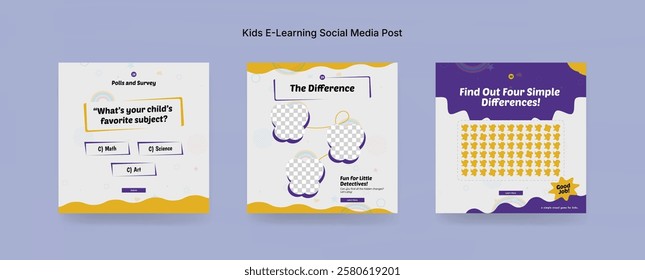 Colorful Online Kids Learning Course Social Media Post Template, Kids Education Banner Design for E-Learning Platforms