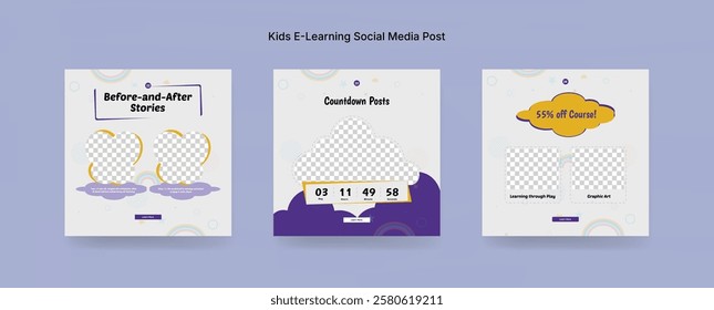 Colorful Online Kids Learning Course Social Media Post Template, Kids Education Banner Design for E-Learning Platforms