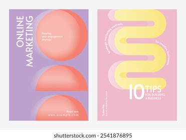 Colorful online marketing posters with abstract designs. Marketing tips and strategies for business. Creative marketing visuals for engagement. Retro pastel branding template vector set.