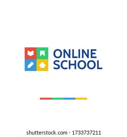 Colorful Online School, English Courses Logo. Learning, Study, Knowledge, Education Icon. Institute, College Logo. Drawing, Sketching Academy Icon.