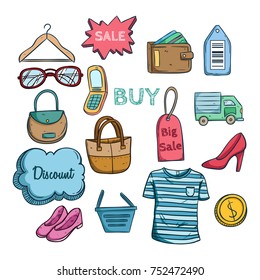 colorful online shopping sale icons with colored hand drawn style