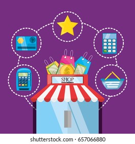 colorful online store with elements shopping concept
