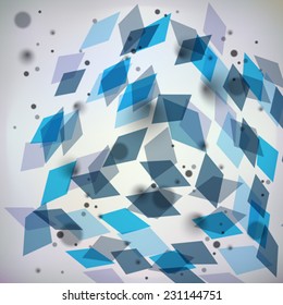 Colorful op art design backdrop, abstract futuristic stylish blur background with smudge spots and polygonal figures. Transparent 3d engineering covering, technology theme.