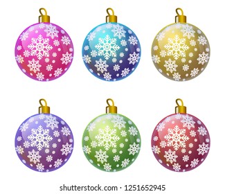 Colorful opaque christmas balls with white snowflakes. Set of isolated realistic decorations. Vector illustration. EPS10.