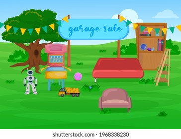 Colorful open air garage sale of furniture. Cartoon vector illustration. Wooden bookcases, toys, gaming machine and comfortable sofas on sale. Furniture, nature, interior design, home, sale concept