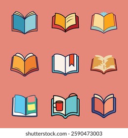 Colorful open book icons set, perfect for educational, library, and academic-themed vector illustrations.







