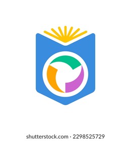 Colorful Open Book with Sun Light and Wind Propeller Rotation Recycle Logo Design Vector