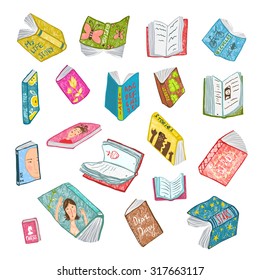 Colorful Open Books Drawing Library Collection. Big Set Of Hand Drawn Brightly Colored Literature Covers Illustration. 