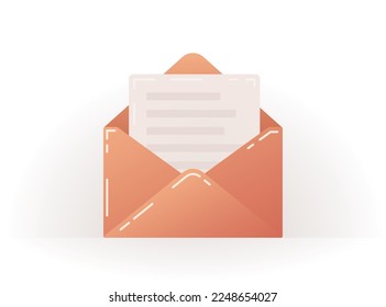 Colorful open envelope with a letter on a white background. Email notification. Letter icon with lines. Vector bright message icon for web, computer and mobile app.