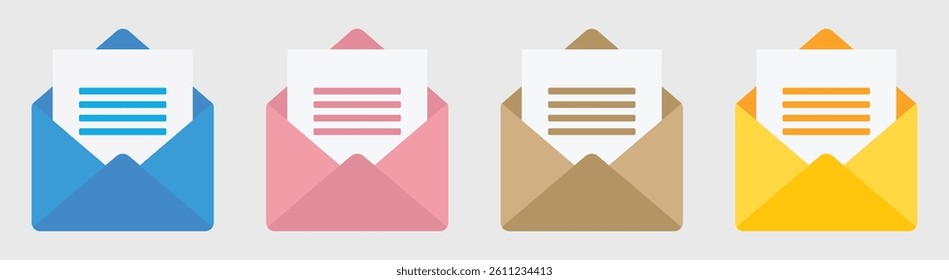 Colorful open envelopes with letters. Vector illustration of blue, pink, brown, and yellow mail envelopes. Communication and mail concepts. Flat design.