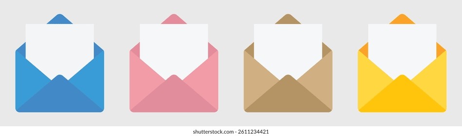 Colorful open envelopes with letters. Vector illustration of blue, pink, brown, and yellow mail envelopes. Communication and mail concepts. Flat style.