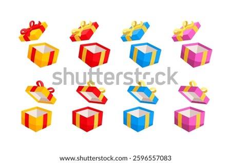 Colorful open gift boxes with ribbon and bow floating on white background