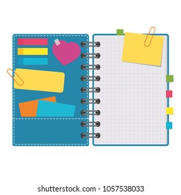 Colorful open notepad on a spiral with bookmarks. Clean page and cover with sticky stickers. Simple flat vector illustration isolated on white background.
