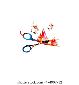 Colorful open scissors vector illustration with butterflies. Creative design for hair and beauty salon, fashion equipment, hairdresser trimming, haircut, stylish makeover and professional treatments