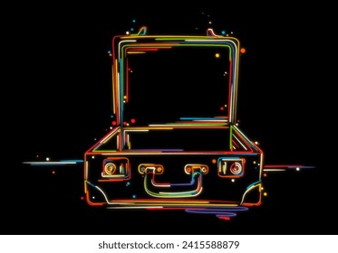 Colorful open suitcase, luggage sketch. Hand drawn vector illustration in colors over black background